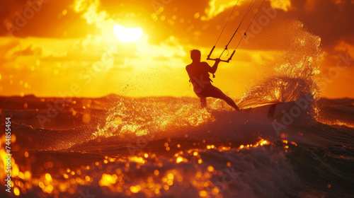 Silhouette of a kitesurfing athlete performing a trick on a wave against the backdrop of a sunset at sea. Dynamic shot of a kite surfer in action. Water sports, active lifestyle.