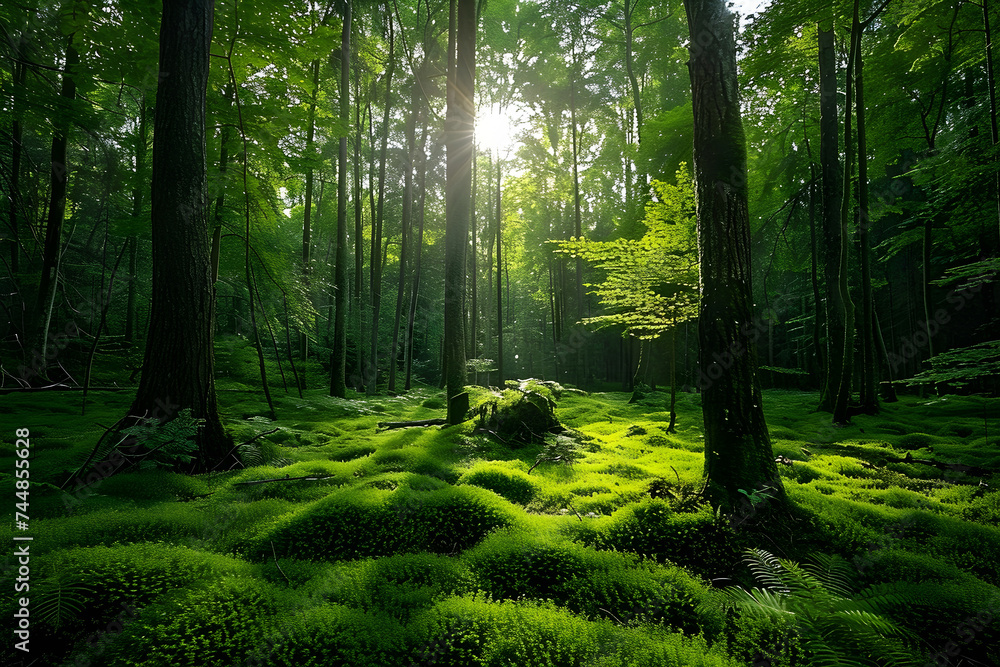 Landscape of green forest with dense trees - obrazy, fototapety, plakaty 