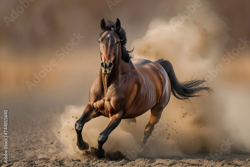 A beautiful horse running and raising dust