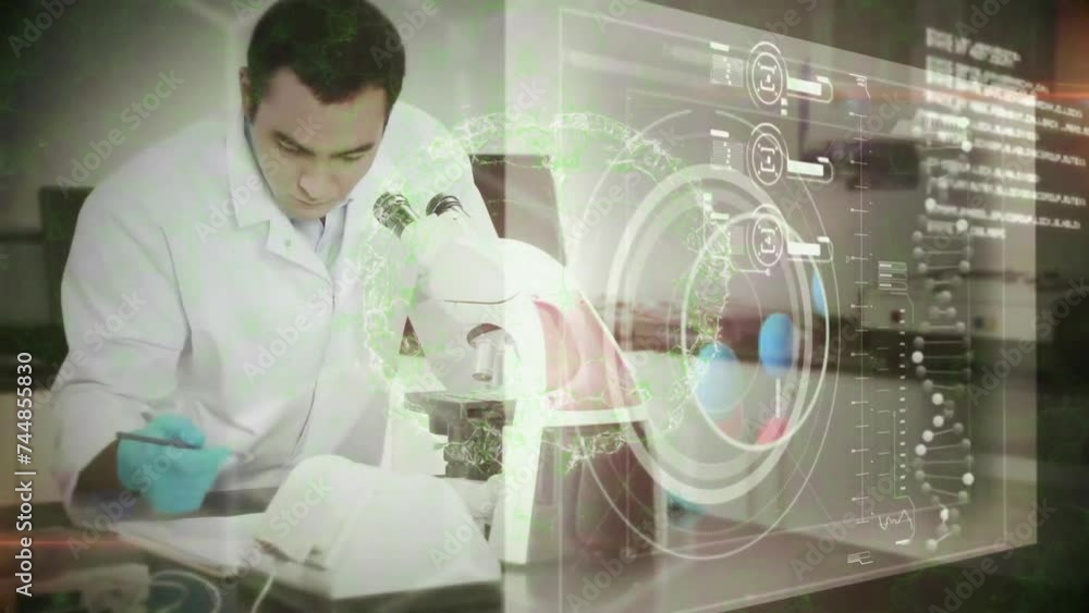 Animation of data processing and digital brain over caucasian male scientist working in lab Animation of data processing and digital brain over caucasian male scientist working in lab