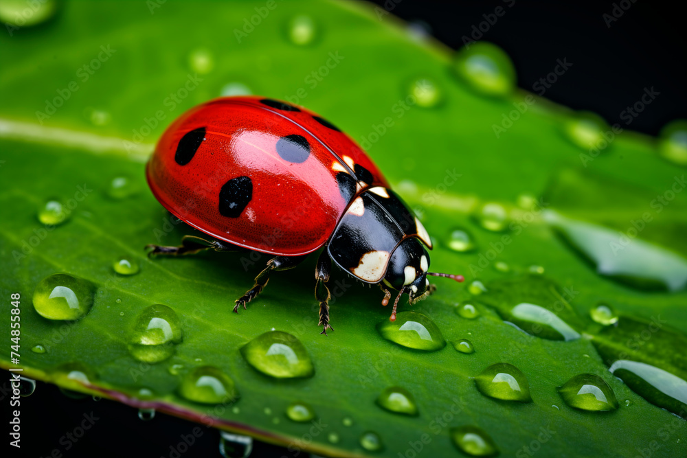 Fototapeta premium A red ladybug with black spots on a green leaf with fresh water droplets.