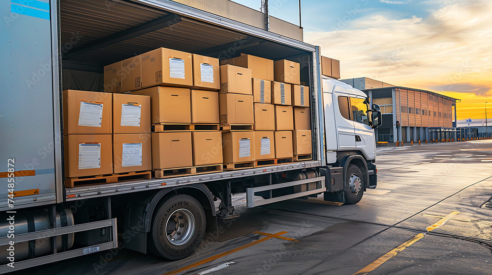 Logistics in Action: Loading Cargo onto a Truck at Sunset Logistics in Action: Loading Cargo onto a Truck at Sunset