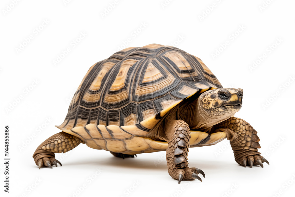 Obraz premium A brown tortoise with detailed shell patterns on a white background.