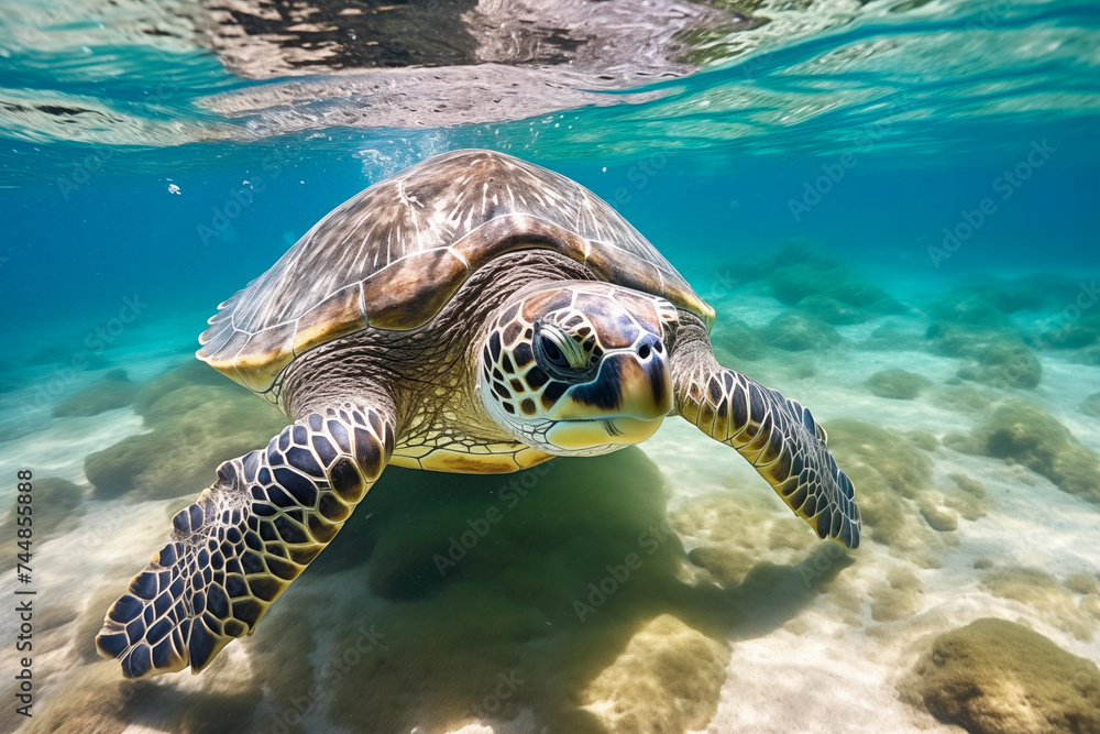 Fototapeta premium A sea turtle swims gracefully in a clear, blue ocean with sunlight above.