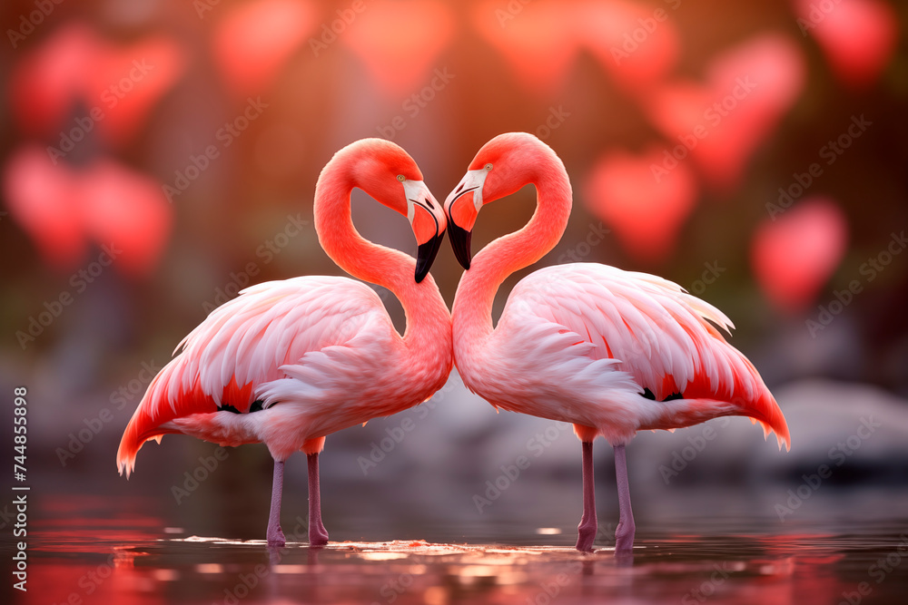 Naklejka premium Two pink flamingos form a heart shape with their necks against a blurred red backdrop.