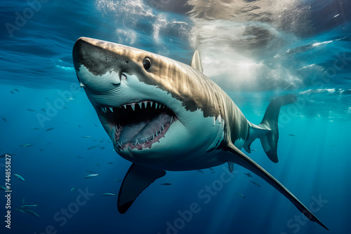 A great white shark swims with its mouth open  revealing sharp teeth  in the deep blue ocean.