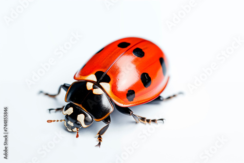 Macro shot of a red ladybug with black spots, isolated on a white background.