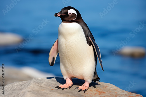 A solitary penguin with distinctive black and white markings stands on a rock by the sea.