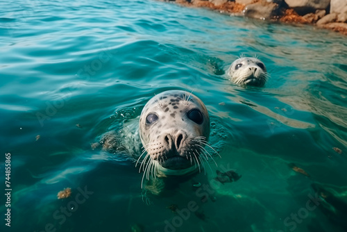 Two seals peer curiously above water with expressive eyes and whiskers, one in the foreground.