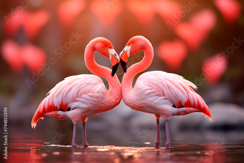 Two pink flamingos form a heart shape with their necks against a blurred red backdrop.