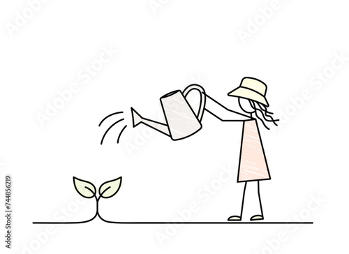 cute little girl is watering the plant, environment care, day of earth, save the nature, child work in the garden, gardening black line pencil drawn vector illustration