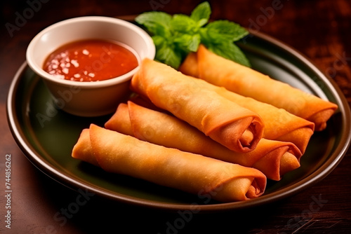 Crispy golden spring rolls on a plate with dipping sauce and mint garnish. photo