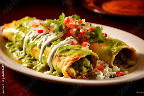 A plate of green enchiladas topped with sour cream and fresh herbs.