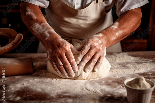 A baker's hands expertly kneading dough on a floured surface, preparing to bake bread.