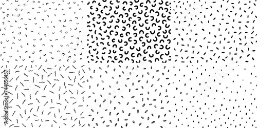 Uneven specks, sweet sparse dotty confetty, swirl sprinkles, falling speckle, chaotic spots. Doodle glaze donut patterns set. Vector illustration