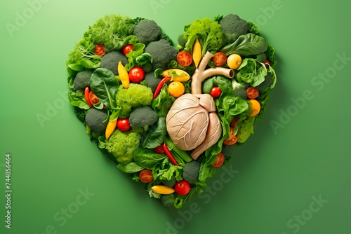 Creative heart-shaped arrangement of green vegetables, symbolizing health and nutrition.