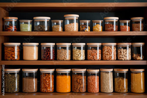A well-organized pantry with labeled containers, glass jars, and fresh produce on wooden shelves.