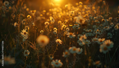 Photo of flowers in the field during golden hour, flowers during golden hour, golden hour field