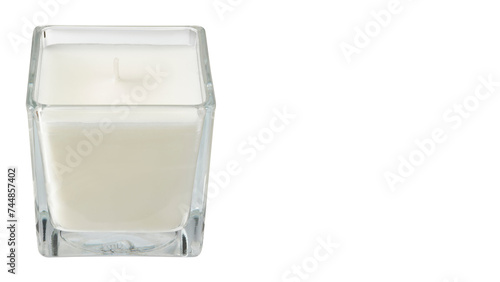 Closeup of cubic candle glass on copy-space background. (ID: 744857402)