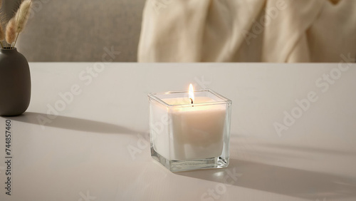Closeup of lit cubic candle glass on table. (ID: 744857460)