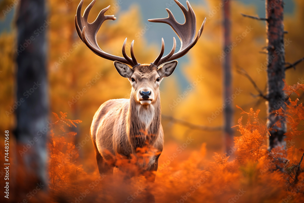 Majestic deer with large antlers standing alert in an autumnal forest with orange foliage. Majestic deer with large antlers standing alert in an autumnal forest with orange foliage.