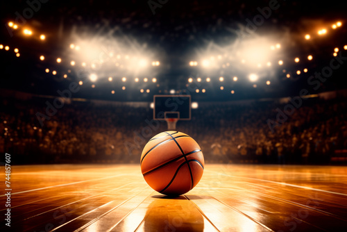 A basketball on a shiny court with a spotlight and stadium filled with fans in the background.