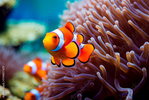 A vibrant clownfish nestled among the tentacles of a sea anemone in a marine environment. © EricMiguel