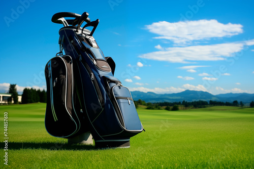 Golf bag with clubs on a lush green course with a mountainous backdrop and blue sky.