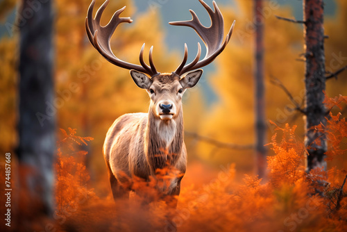 Majestic deer with large antlers standing alert in an autumnal forest with orange foliage.