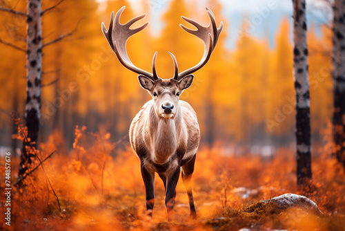 Majestic deer with large antlers standing alert in an autumnal forest with orange foliage. © EricMiguel