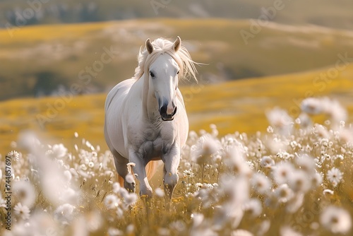 white horse running on the meadow
