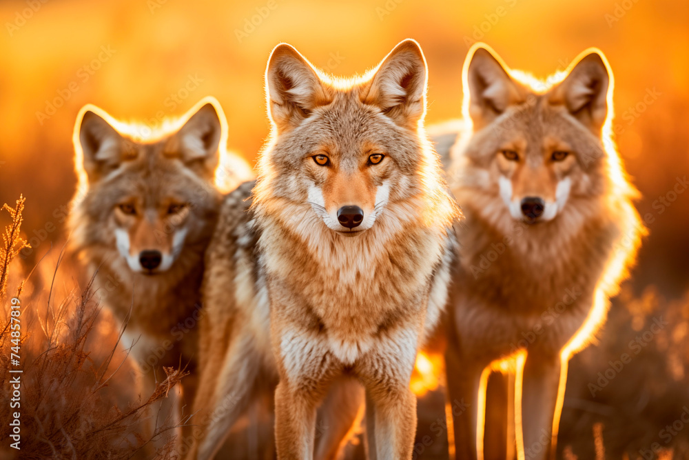 Three alert coyotes in a grassland at sunset, displaying intense gazes and harmonious presence in the warm light. - obrazy, fototapety, plakaty 