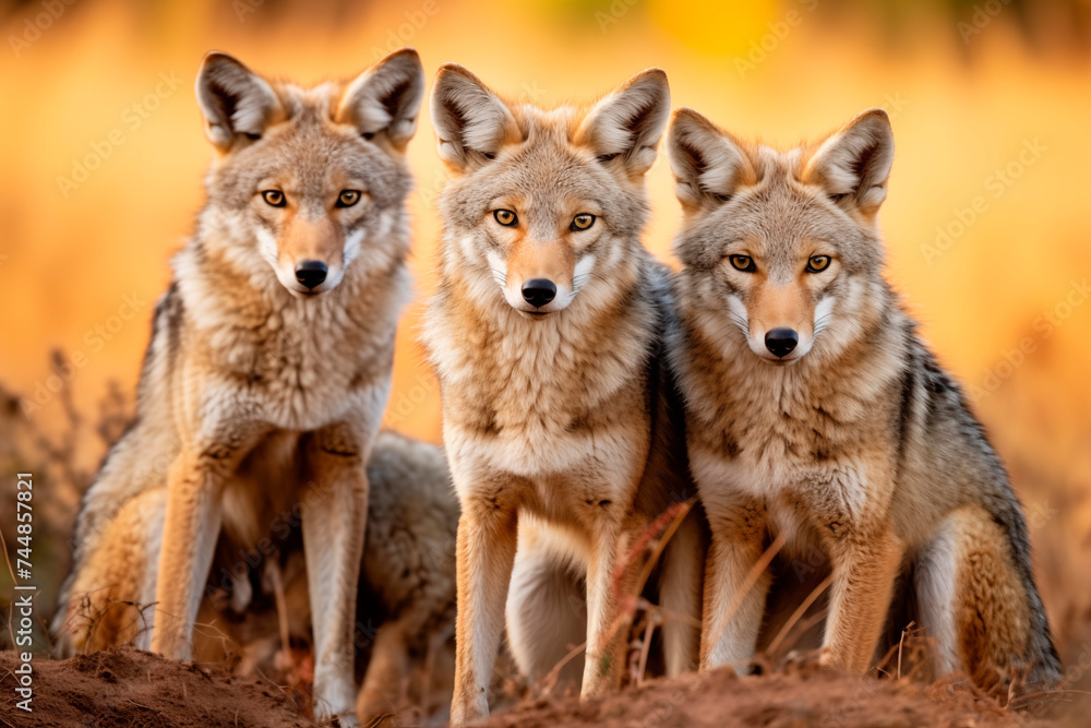 Three alert coyotes in a grassland at sunset, displaying intense gazes and harmonious presence in the warm light. Three alert coyotes in a grassland at sunset, displaying intense gazes and harmonious presence in the warm light.