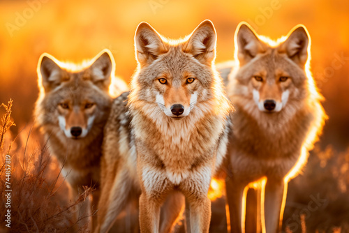 Three alert coyotes in a grassland at sunset, displaying intense gazes and harmonious presence in the warm light.
