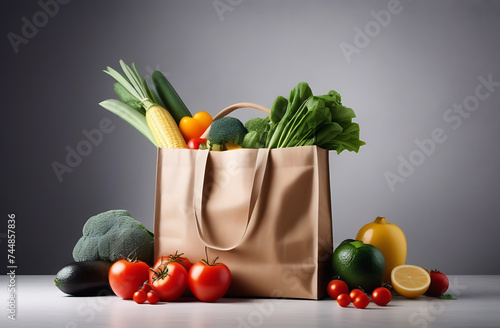 paper bag with vegetarian products and vegetables on a white table in a modern light kitchen