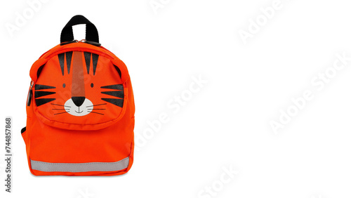 Front view closeup of colorful tiger-shaped schoolbag isolated on white copy-space background. (ID: 744857868)