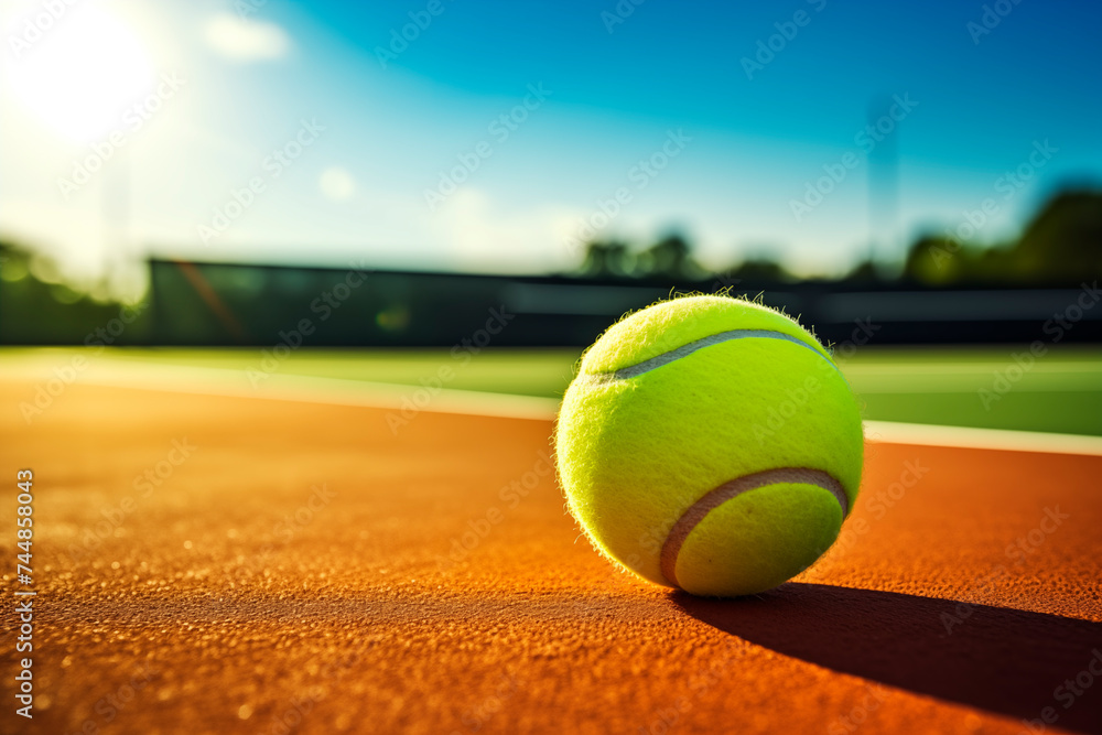 Tennis ball on clay court with sunrise creating a warm flare, symbolizing a fresh start to a day of play.
