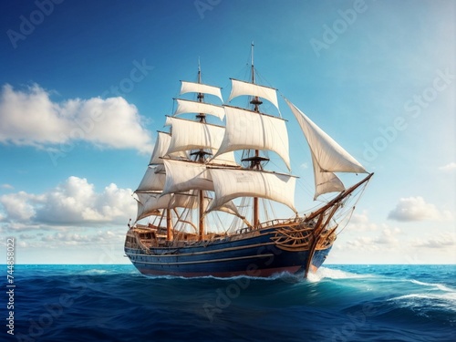 Beautiful, large sailing ship on the waves of the ocean