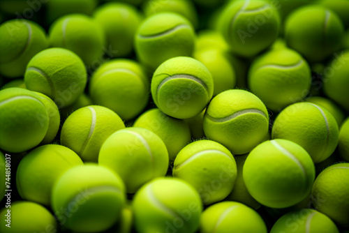 A close-up of a pile of new tennis balls, emphasizing their texture and the equipment aspect of the sport. © EricMiguel
