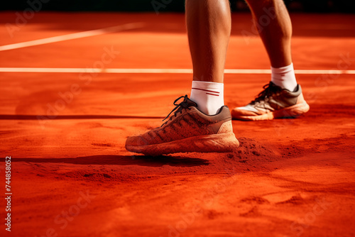 Close-up of tennis shoes on a red clay court, capturing the dynamic action of a player's feet during a match.