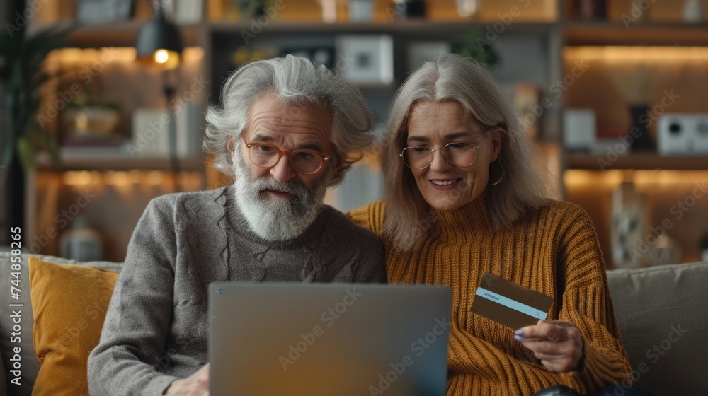 happy senior couple doing online shopping on the internet laptop at home. happy senior couple doing online shopping on the internet laptop at home.