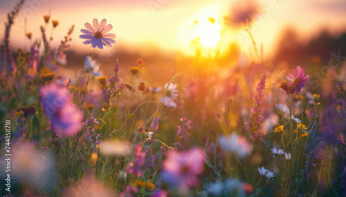 Photo of flowers in the field during golden hour, flowers during golden hour, golden hour field