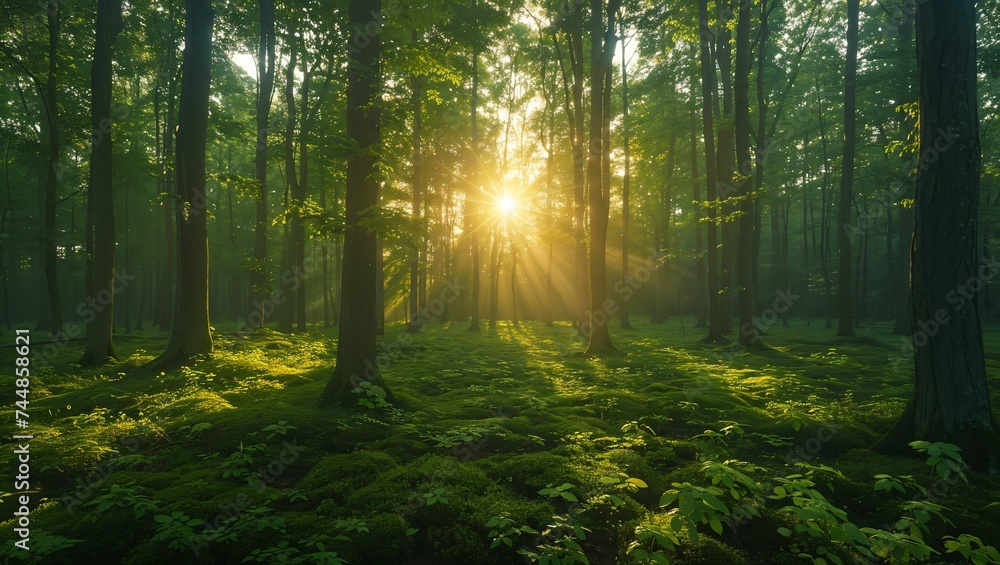 Panoramic photo of morning light in a green forest Panoramic photo of morning light in a green forest