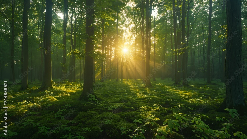 Panoramic photo of morning light in a green forest