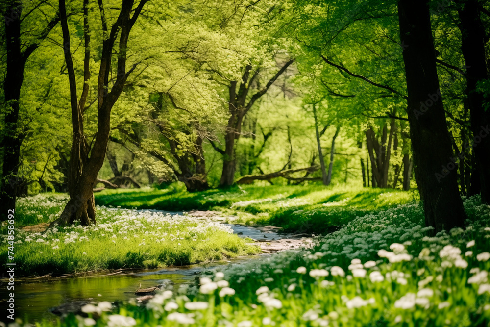 Fototapeta premium A lush green forest with a small creek and blooming white flowers.