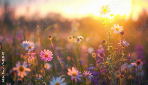Photo of flowers in the field during golden hour  flowers during golden hour  golden hour field