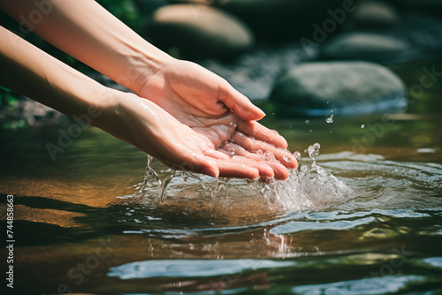 A hand gently touching the surface of clear blue water  causing ripples.