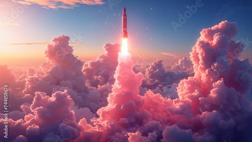 Pink rocket rising into the sky