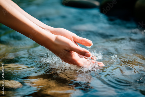 A hand gently touching the surface of clear blue water, causing ripples.
