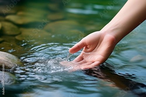 A hand gently touching the surface of clear blue water, causing ripples.